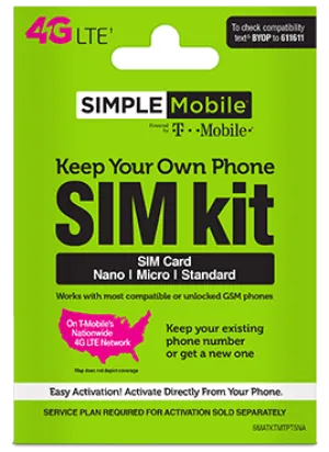 BYOP = Simple Mobile $90/ 3 month Unlimited Talk, Text, Int'l Text & 10 gb Data   Intl Talk   Sim Card  New Number