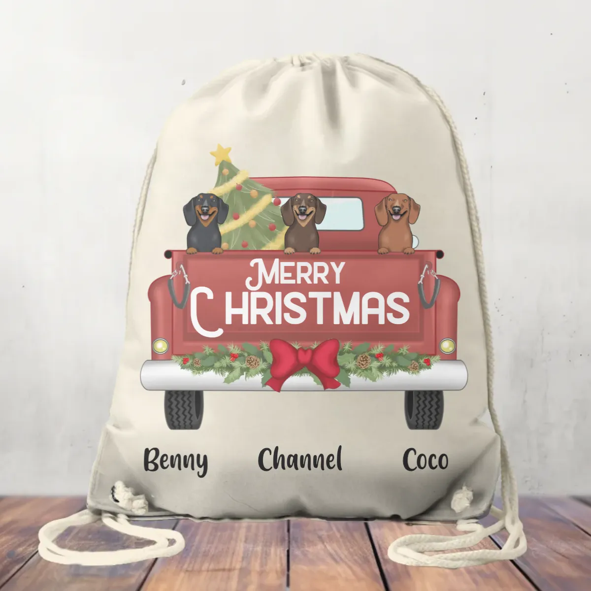 Canvas Drawstring Bag Christmas Truck