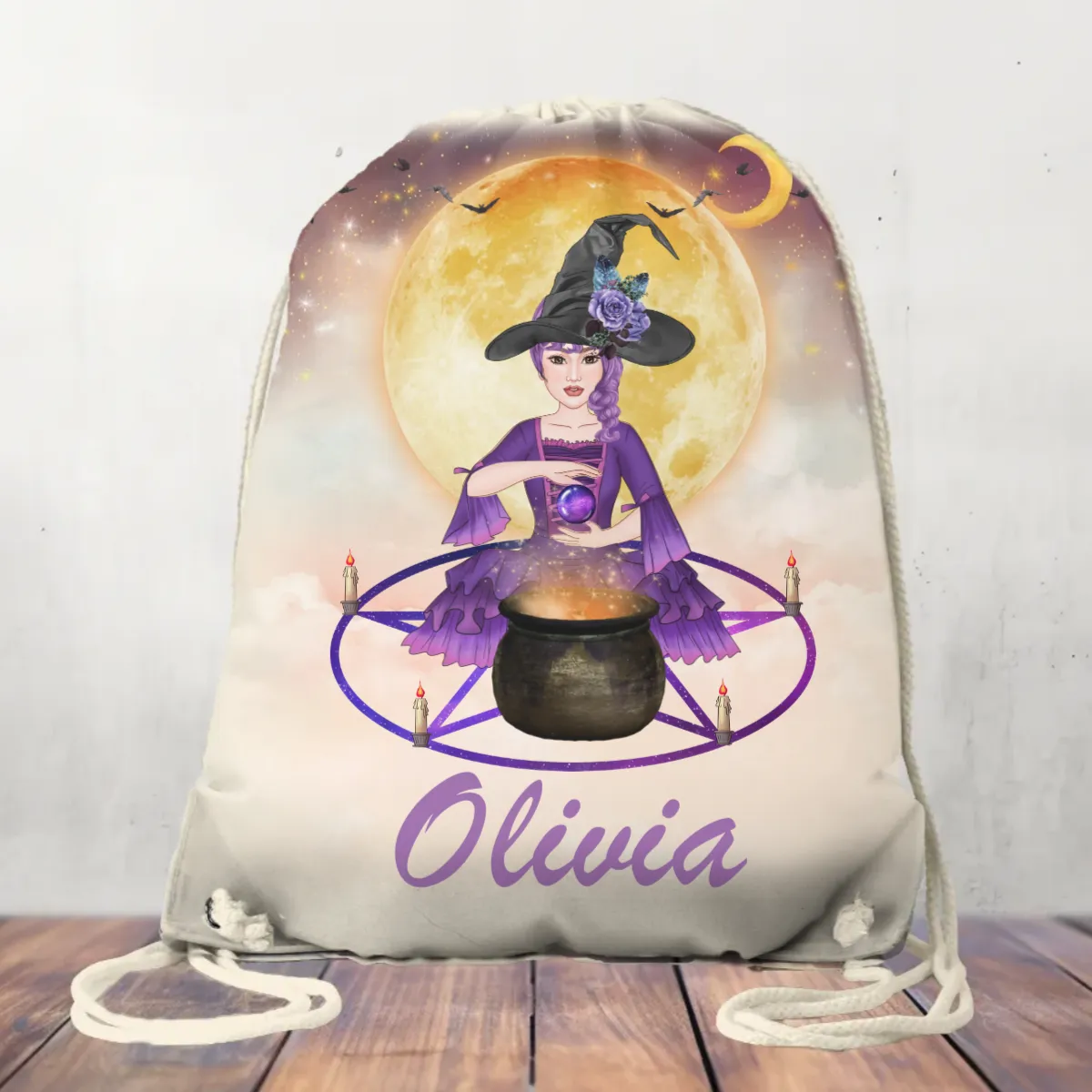 Canvas Drawstring Bag Personalised Halloween Witch