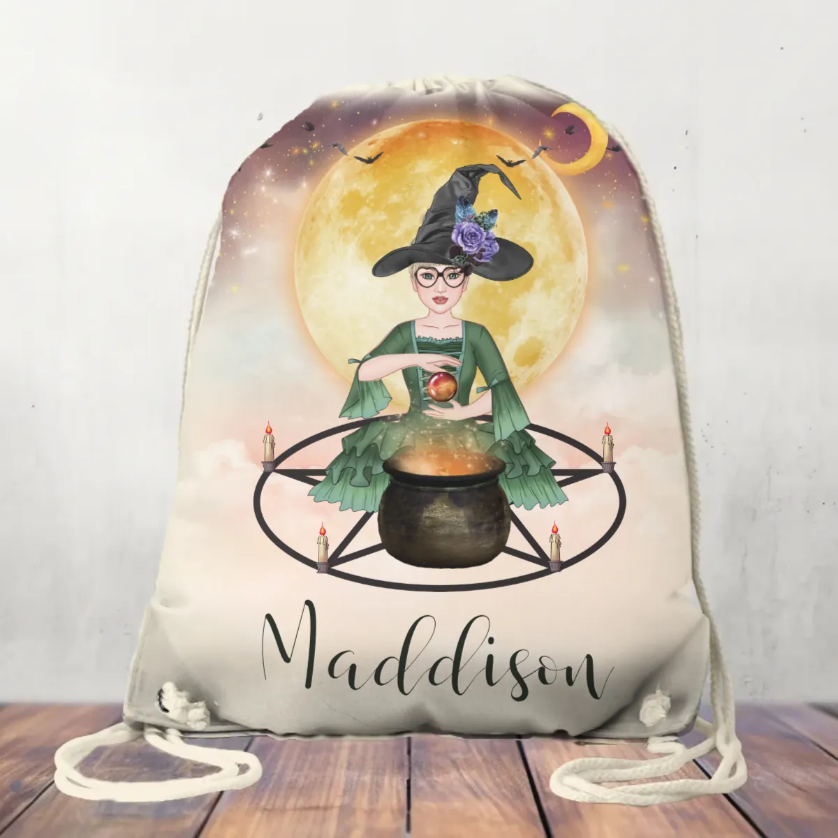 Canvas Drawstring Bag Personalised Halloween Witch