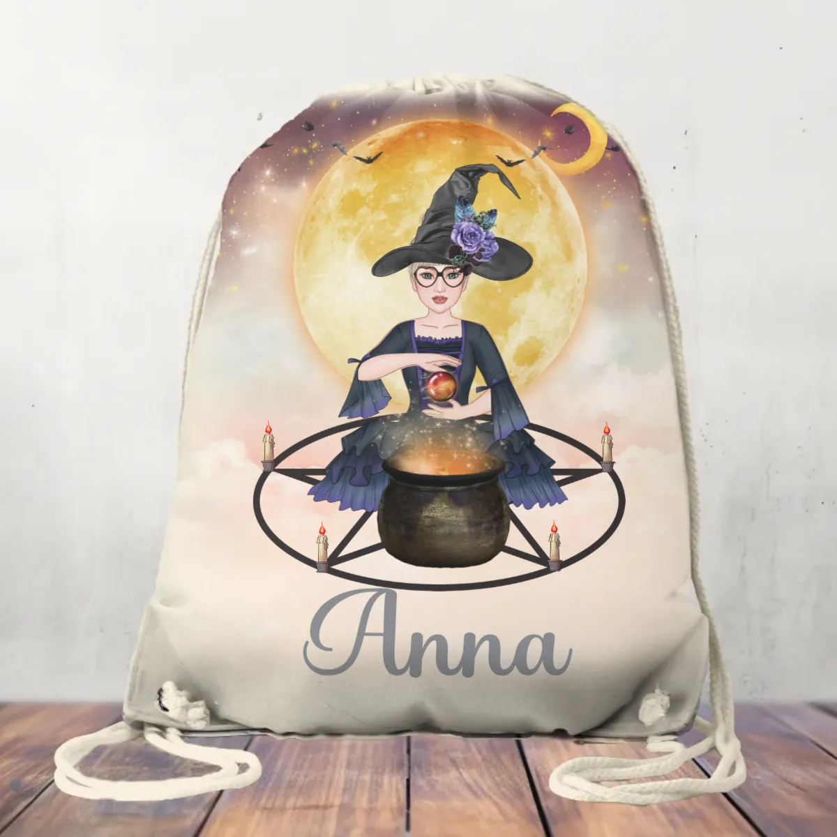 Canvas Drawstring Bag Personalised Halloween Witch