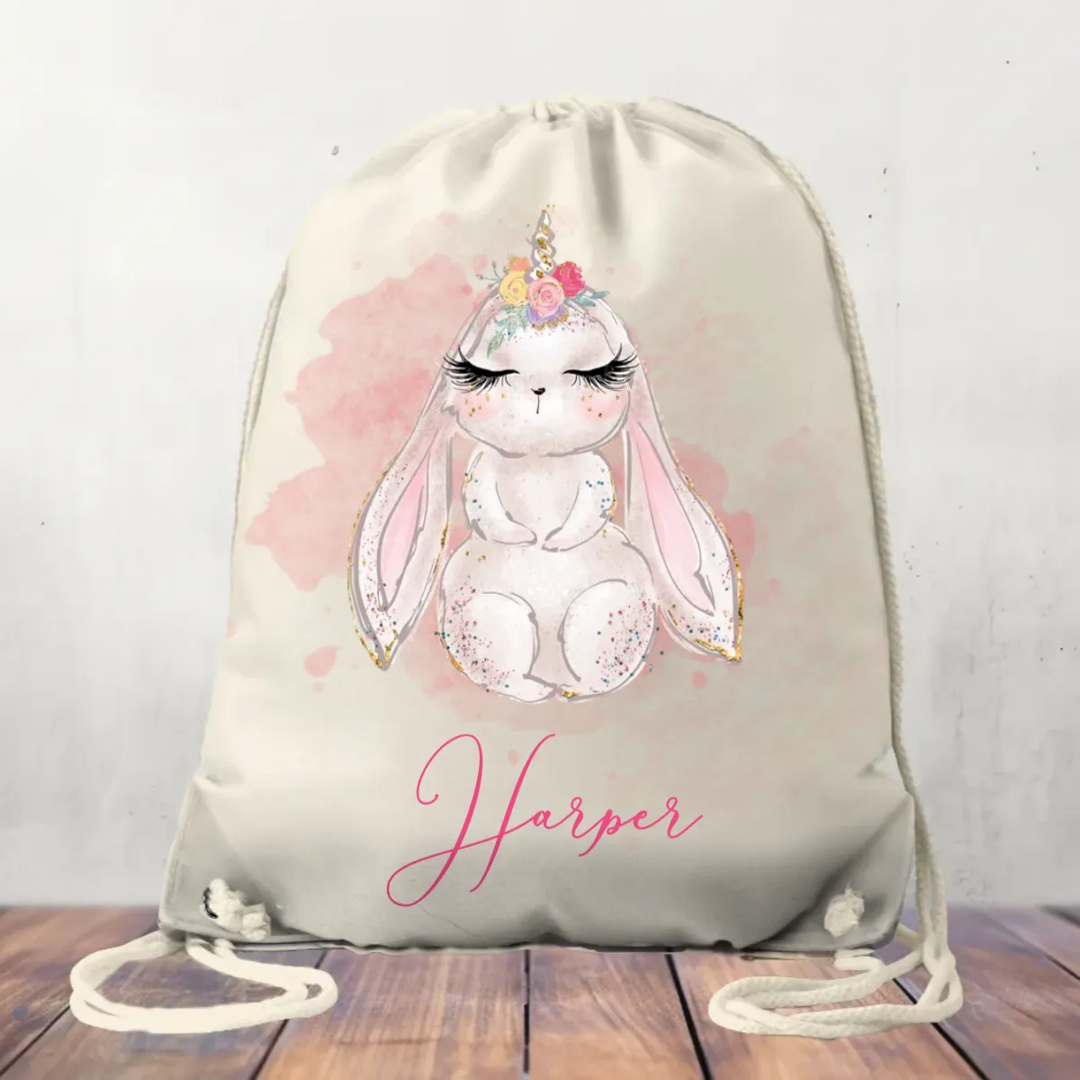 Canvas Drawstring Bag Personalised Unicorn Rabbit