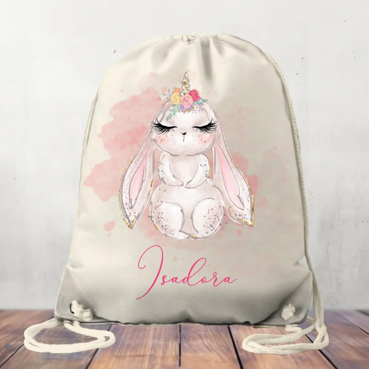 Canvas Drawstring Bag Personalised Unicorn Rabbit