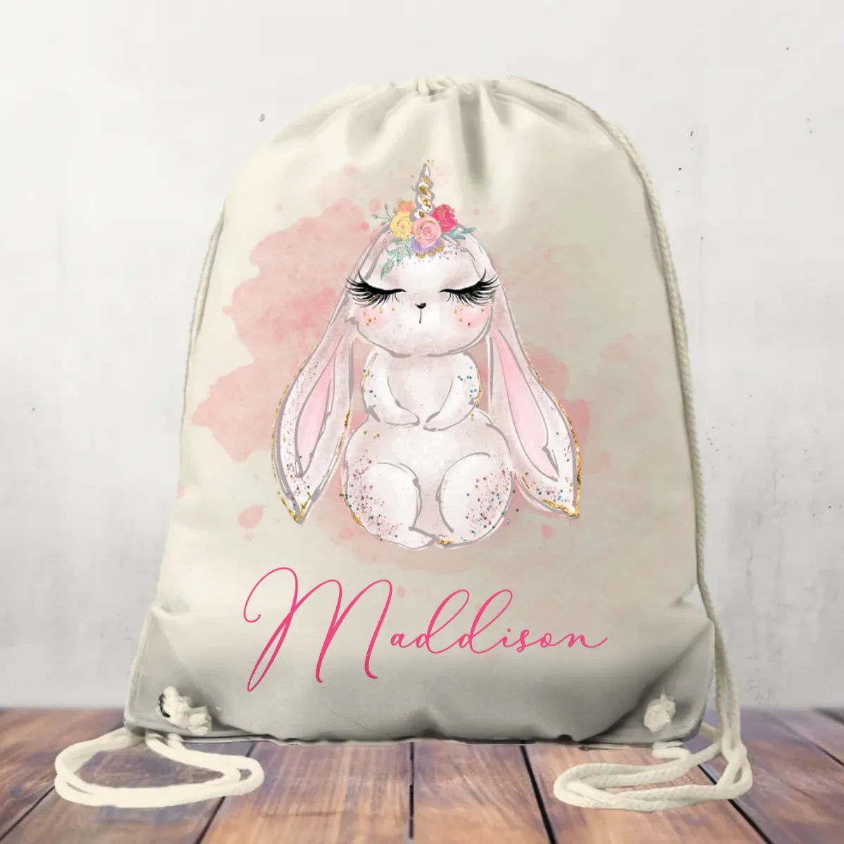 Canvas Drawstring Bag Personalised Unicorn Rabbit