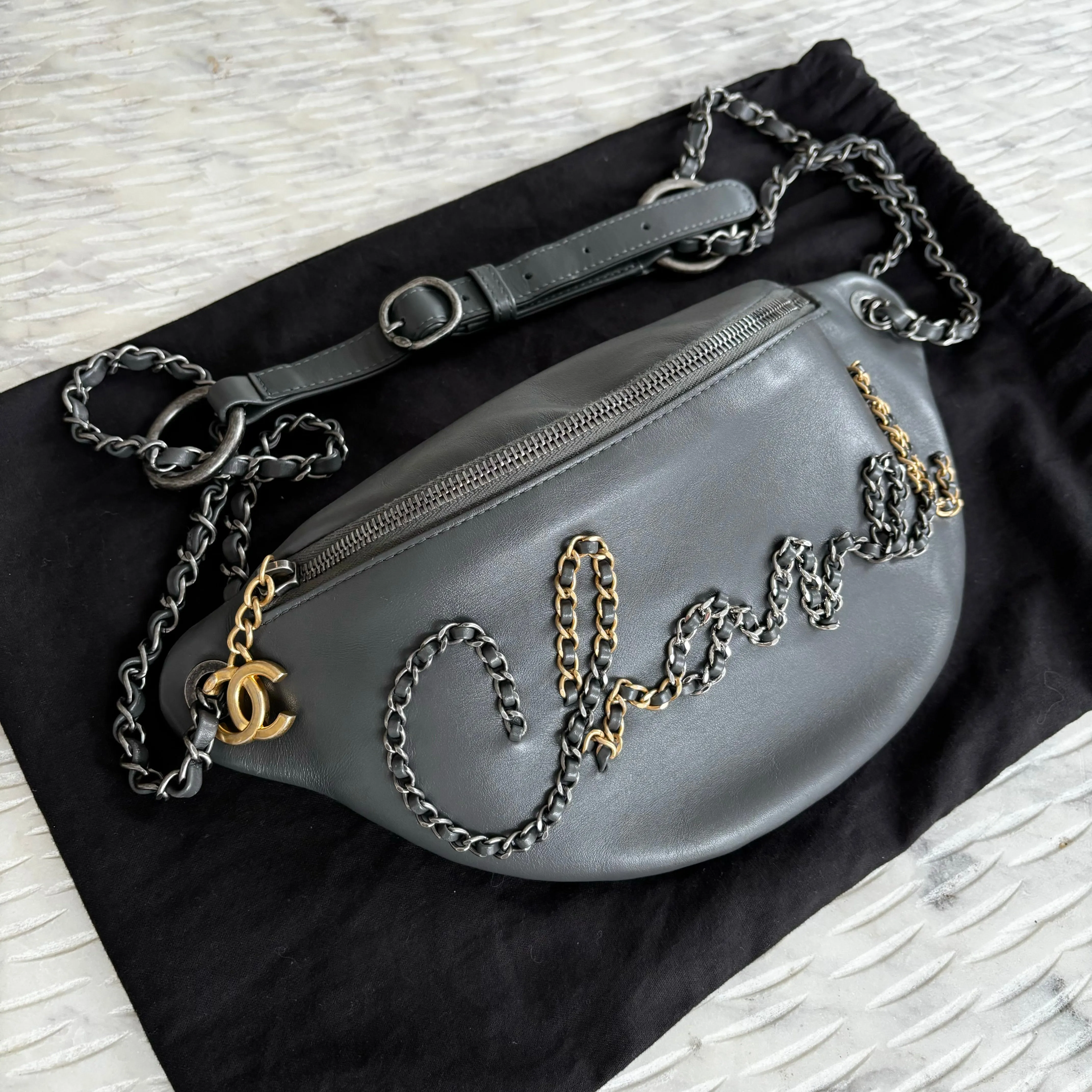 Chanel Grey Calfskin Leather Three-tone Metal Chain Signe Waist Bag