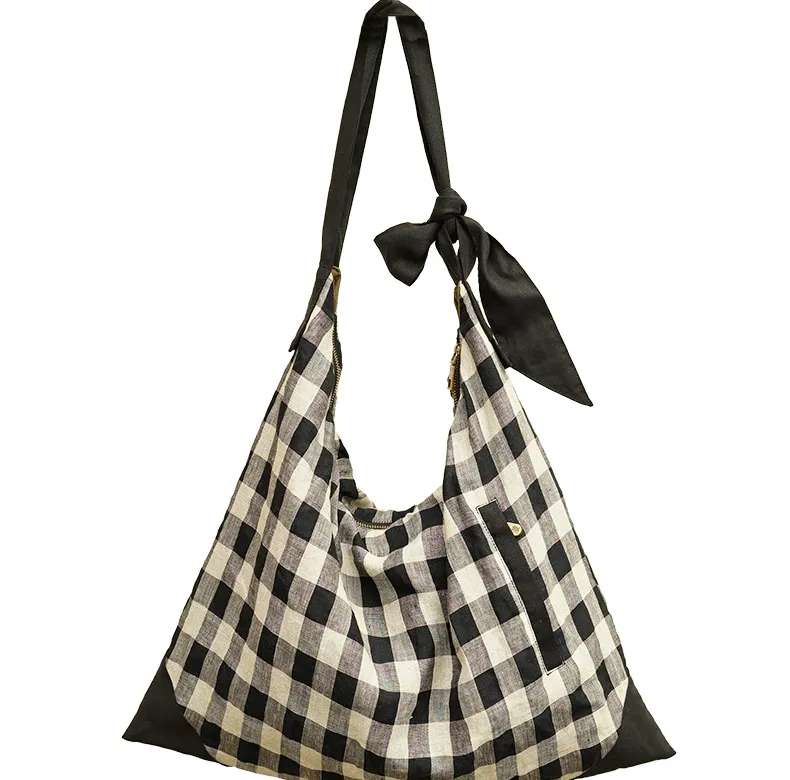 Checked Cotton Linen Bag  Shoulder Strap Single Shoulder Bag