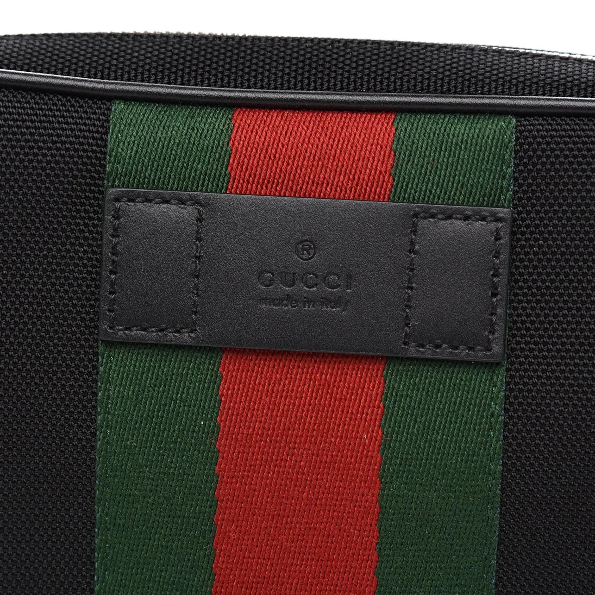 Gucci Techno Web Stripe Black Canvas Leather Trim Waist Belt Bag