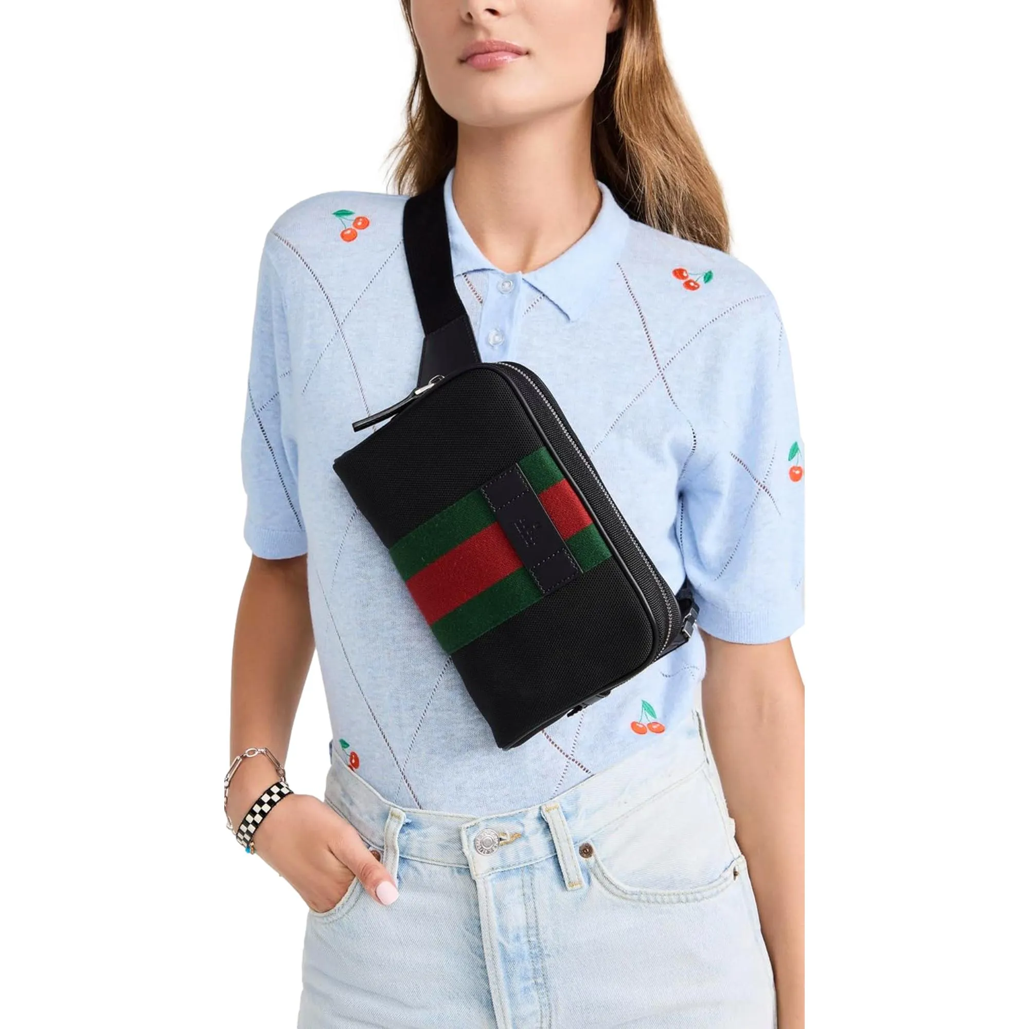 Gucci Techno Web Stripe Black Canvas Leather Trim Waist Belt Bag