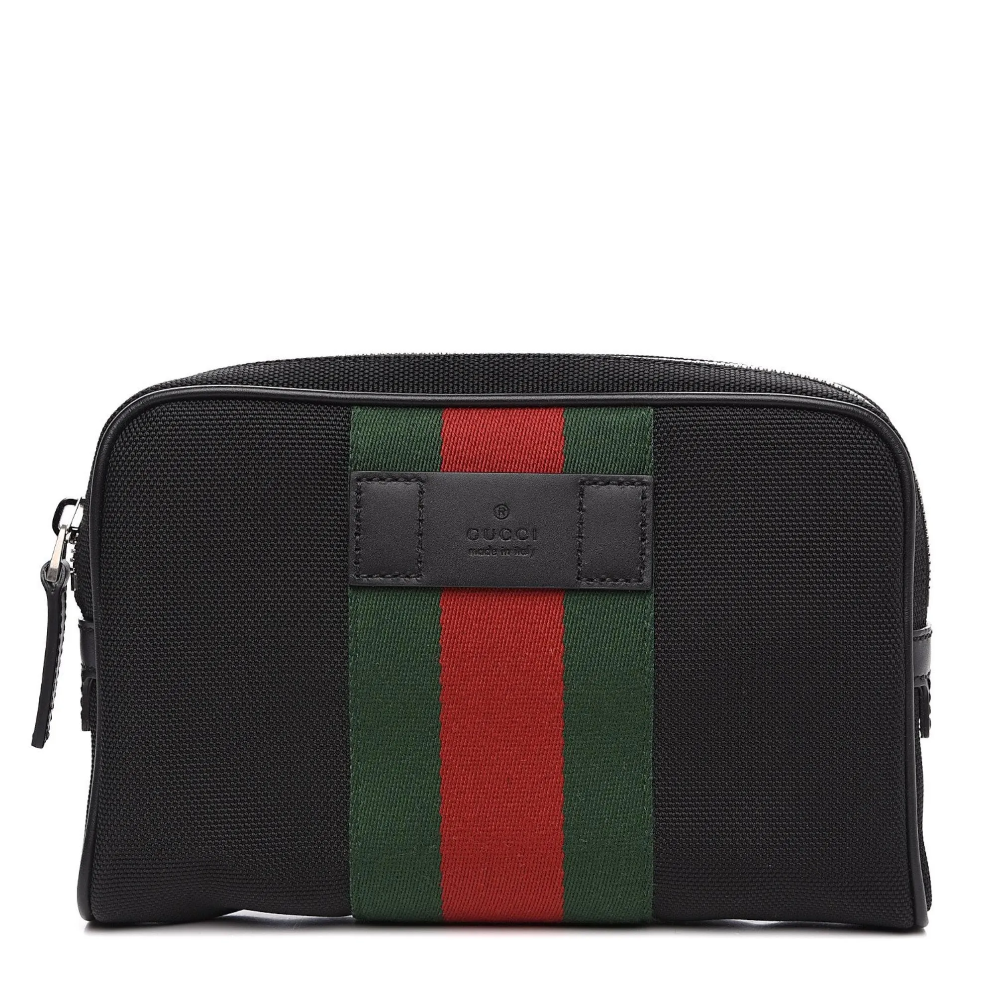 Gucci Techno Web Stripe Black Canvas Leather Trim Waist Belt Bag