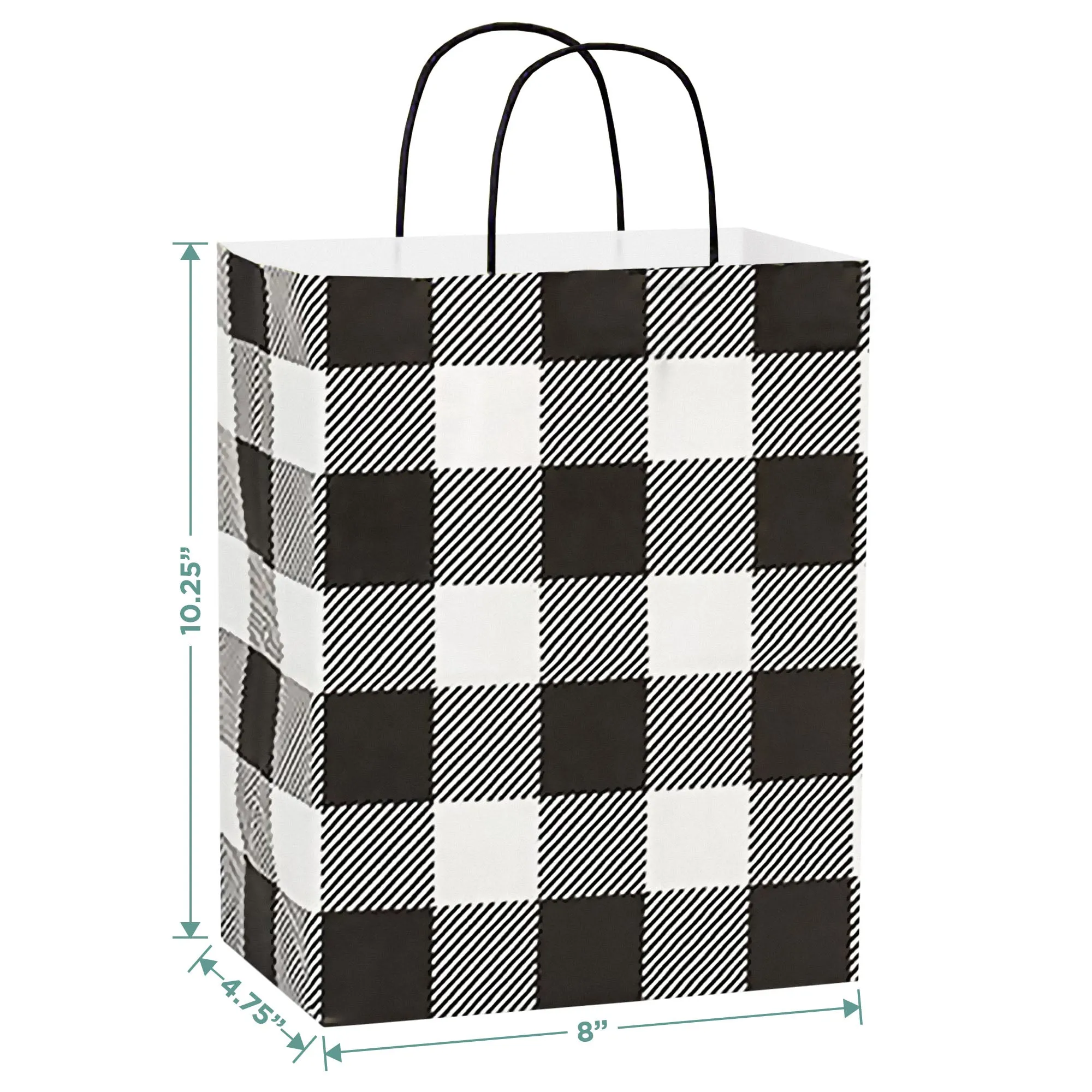 Live It Up! Party Supplies Black & White Buffalo Plaid Fall and Christmas Holiday Paper Gift Bags, Medium Size 8x4.75x10.25 (12 Pack)