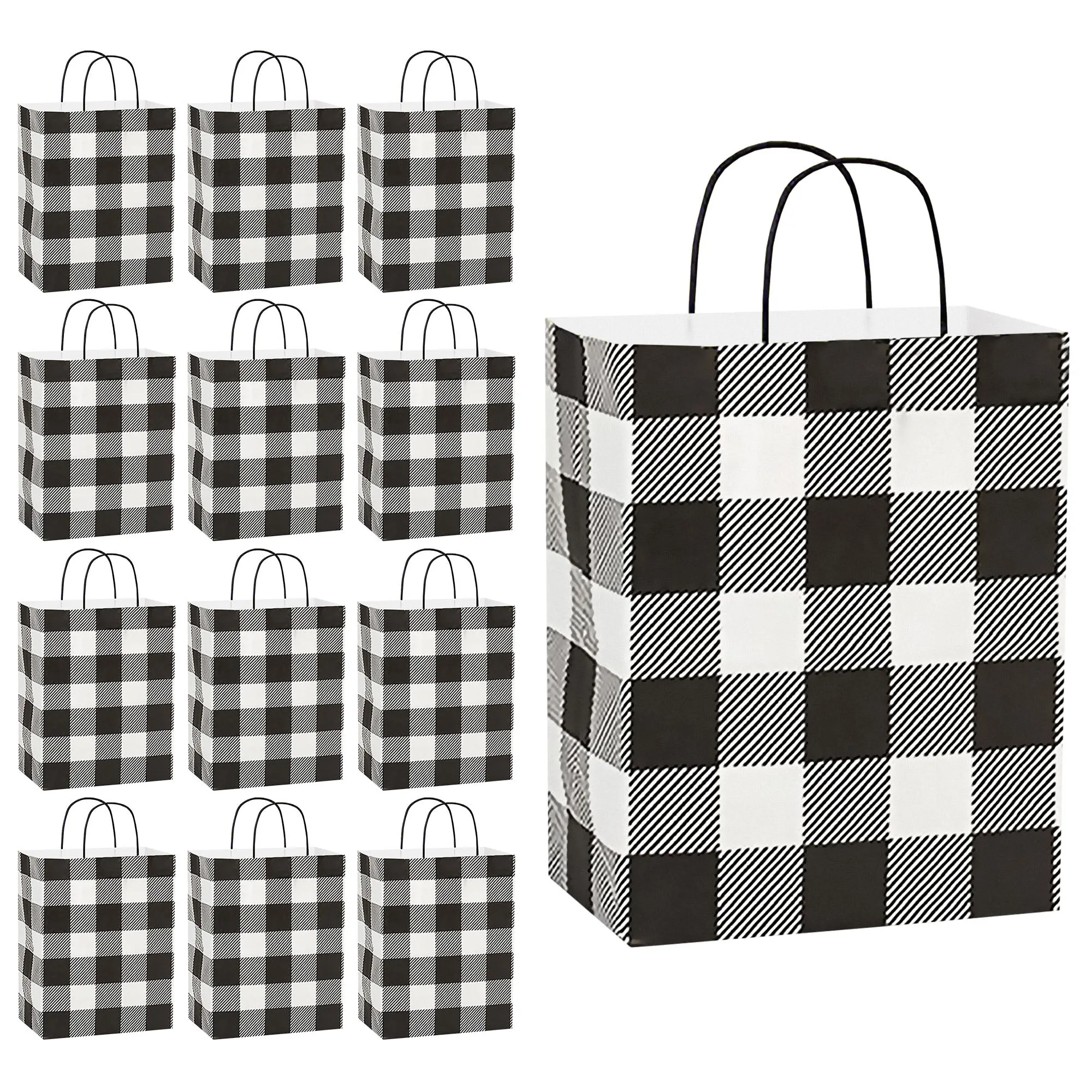 Live It Up! Party Supplies Black & White Buffalo Plaid Fall and Christmas Holiday Paper Gift Bags, Medium Size 8x4.75x10.25 (12 Pack)