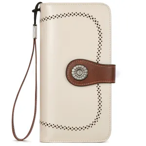 Lomy Leather Wallet For Women With Wristlet - Beige With Brown