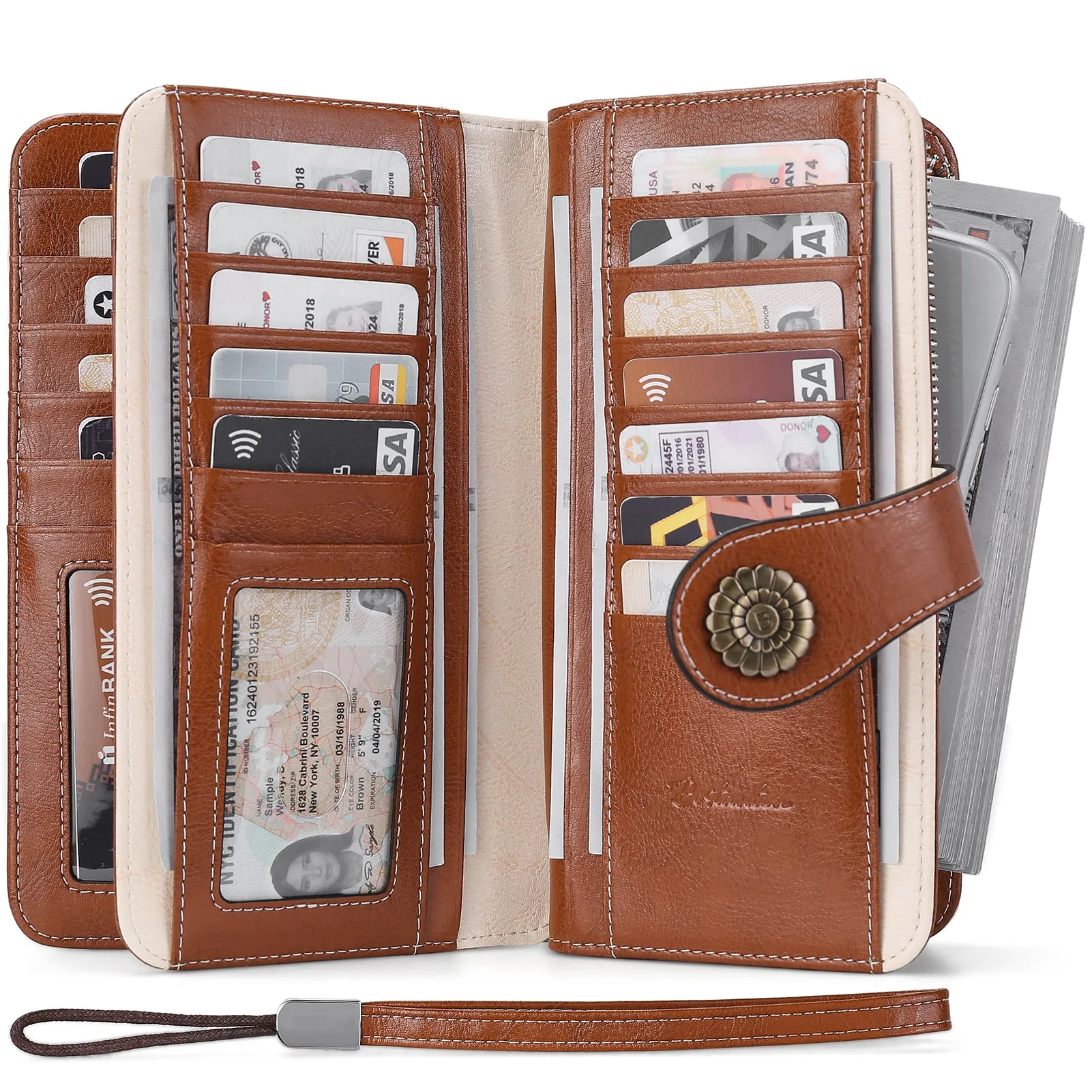 Lomy Leather Wallet For Women With Wristlet - Beige With Brown