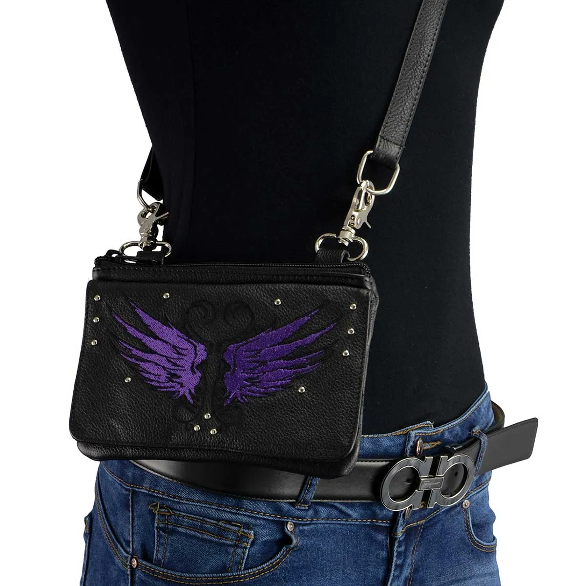 Milwaukee Leather MP8850 Ladies Leather 'Winged' Black and Purple Multi Pocket Belt Bag