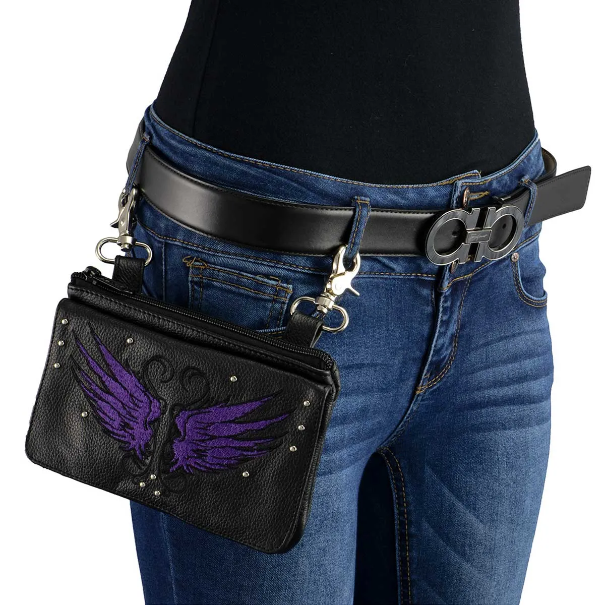 Milwaukee Leather MP8850 Ladies Leather 'Winged' Black and Purple Multi Pocket Belt Bag