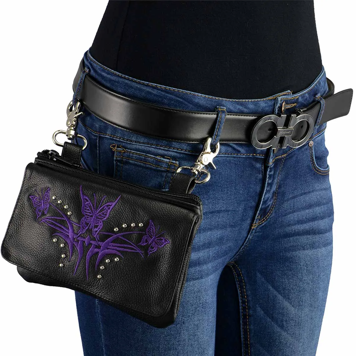 Milwaukee Leather MP8851 Women's Black and Purple Leather Multi Pocket Belt Bag