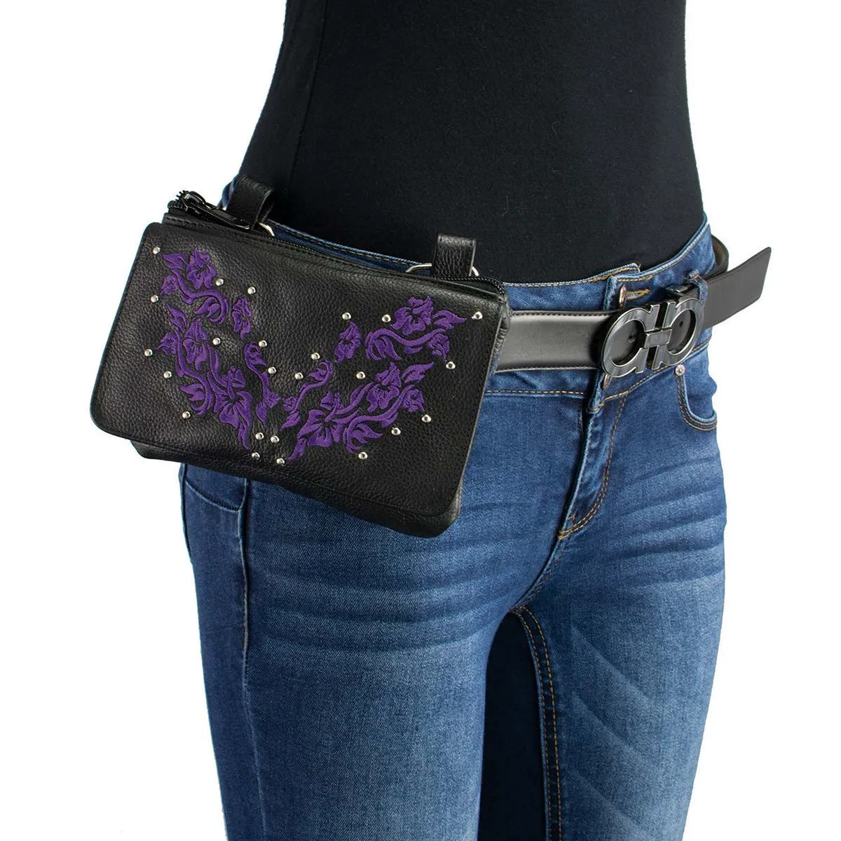 Milwaukee Leather MP8853 Women's 'Flower' Black and Purple Leather Multi Pocket Belt Bag