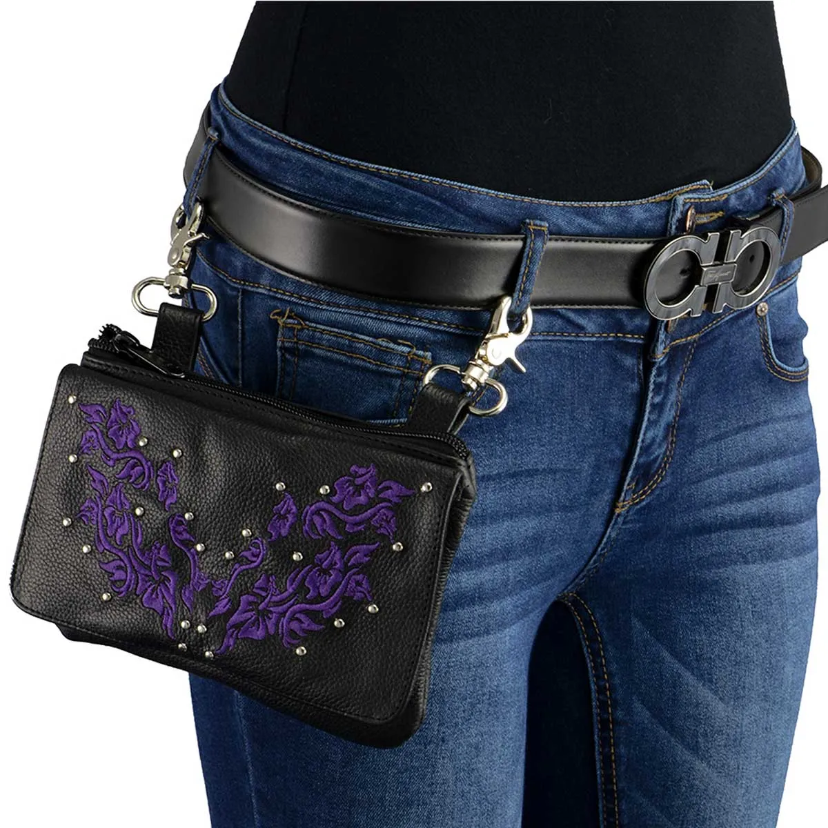 Milwaukee Leather MP8853 Women's 'Flower' Black and Purple Leather Multi Pocket Belt Bag