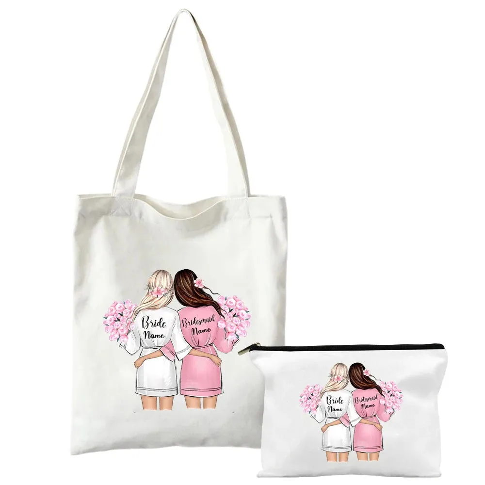 Personalized Shoulder Bag & Makeup Bag Set 2 Pcs Custom Name Bridesmaid Bags Bachelorette Party Bag Bridal Shower Gifts for Her