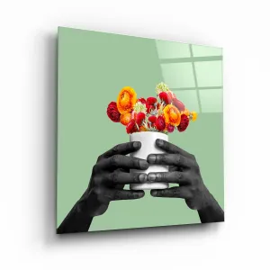 ."Holding the Flower - Green". Contemporary Collection Glass Wall Art