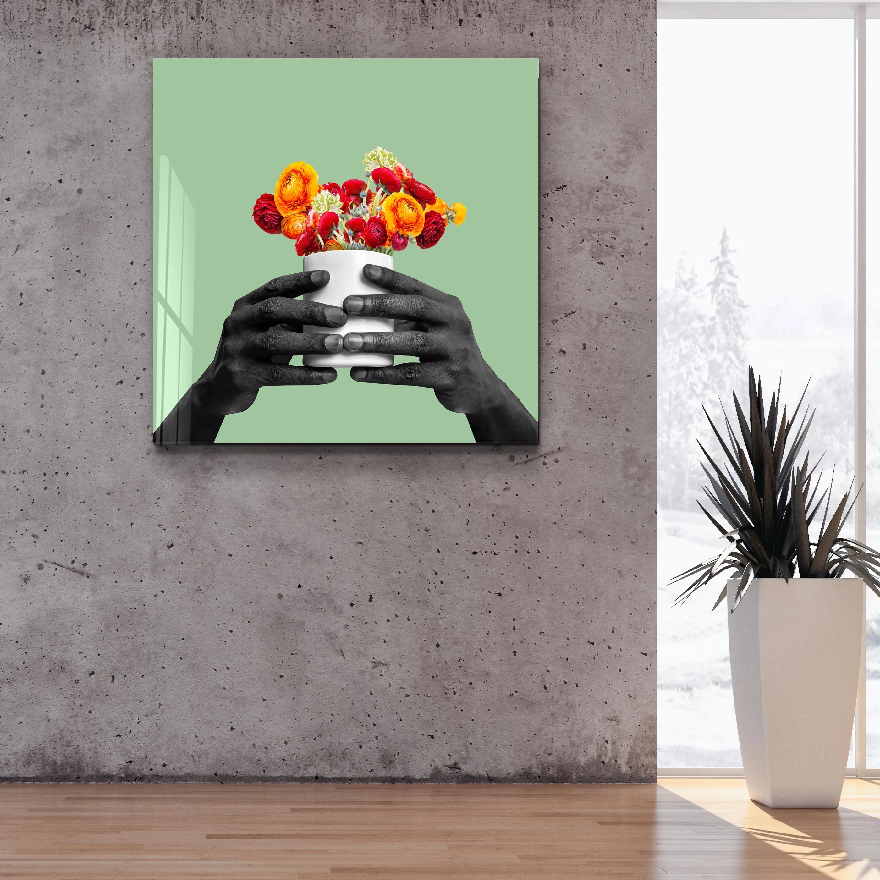 ."Holding the Flower - Green". Contemporary Collection Glass Wall Art