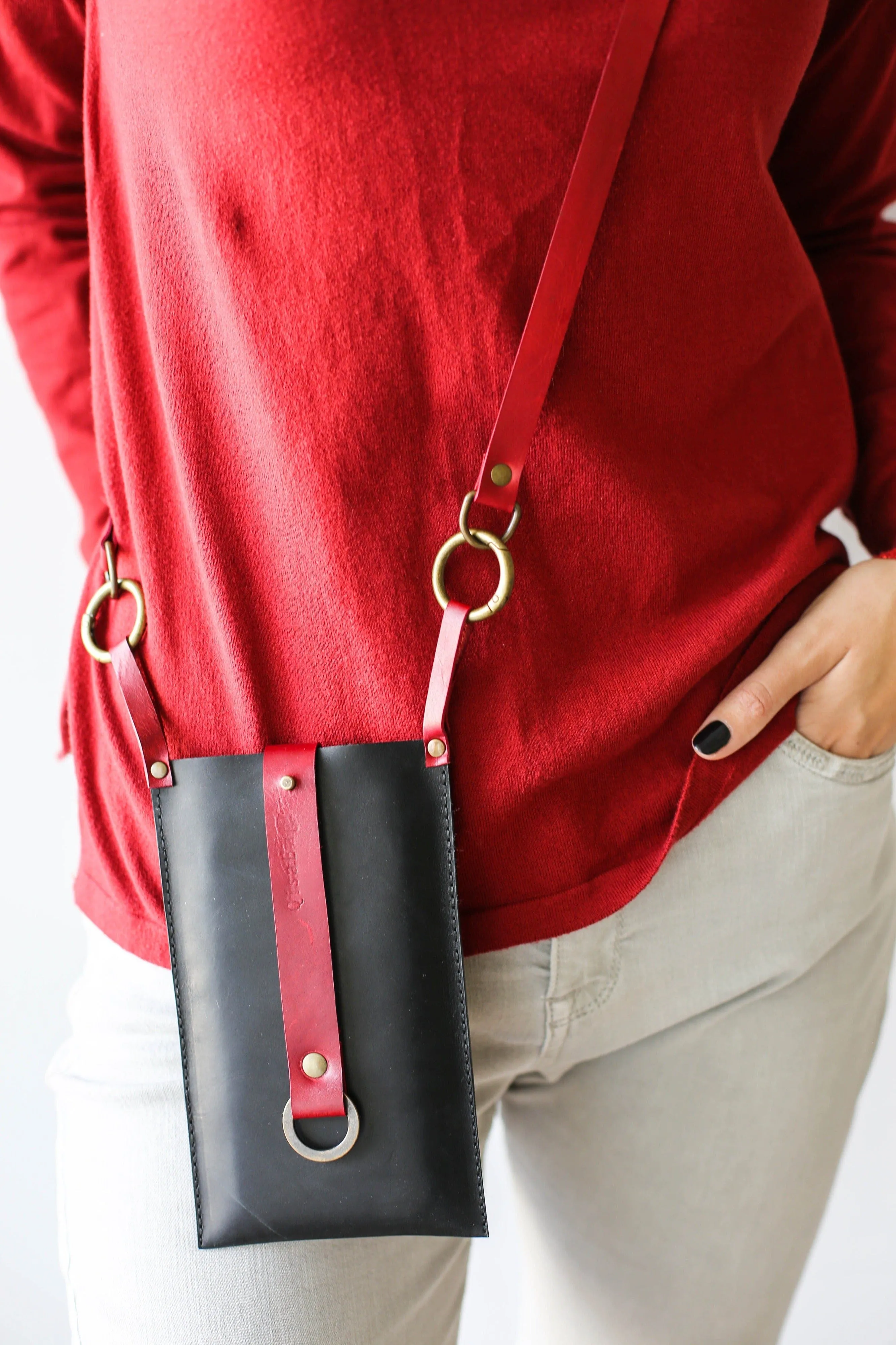 Red & Black Leather Phone Bag