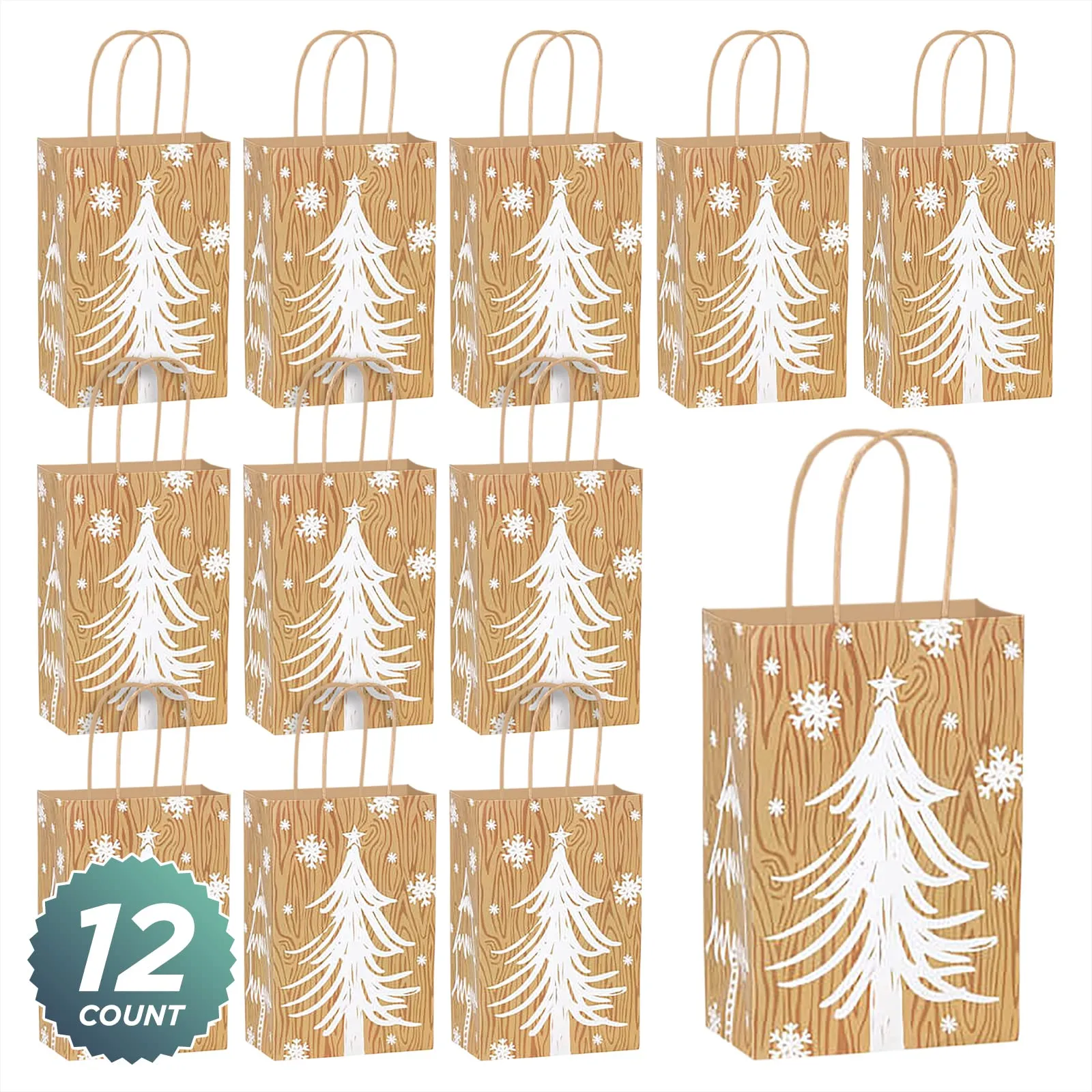 Rustic Christmas Joy Paper Gift Bags and Party Favor Bags, Small 5.25x3.5x8.25" (12 Pack)