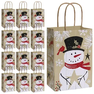 Rustic Snowman Winter Holiday Paper Gift Bags and Party Favor Bags, Small Size 5.5" x 3.25" x 8.5" (Pack of 12)