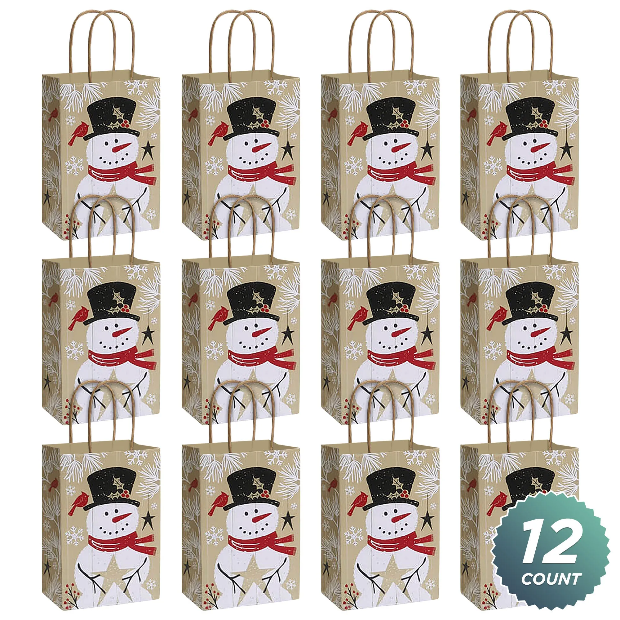 Rustic Snowman Winter Holiday Paper Gift Bags and Party Favor Bags, Small Size 5.5" x 3.25" x 8.5" (Pack of 12)