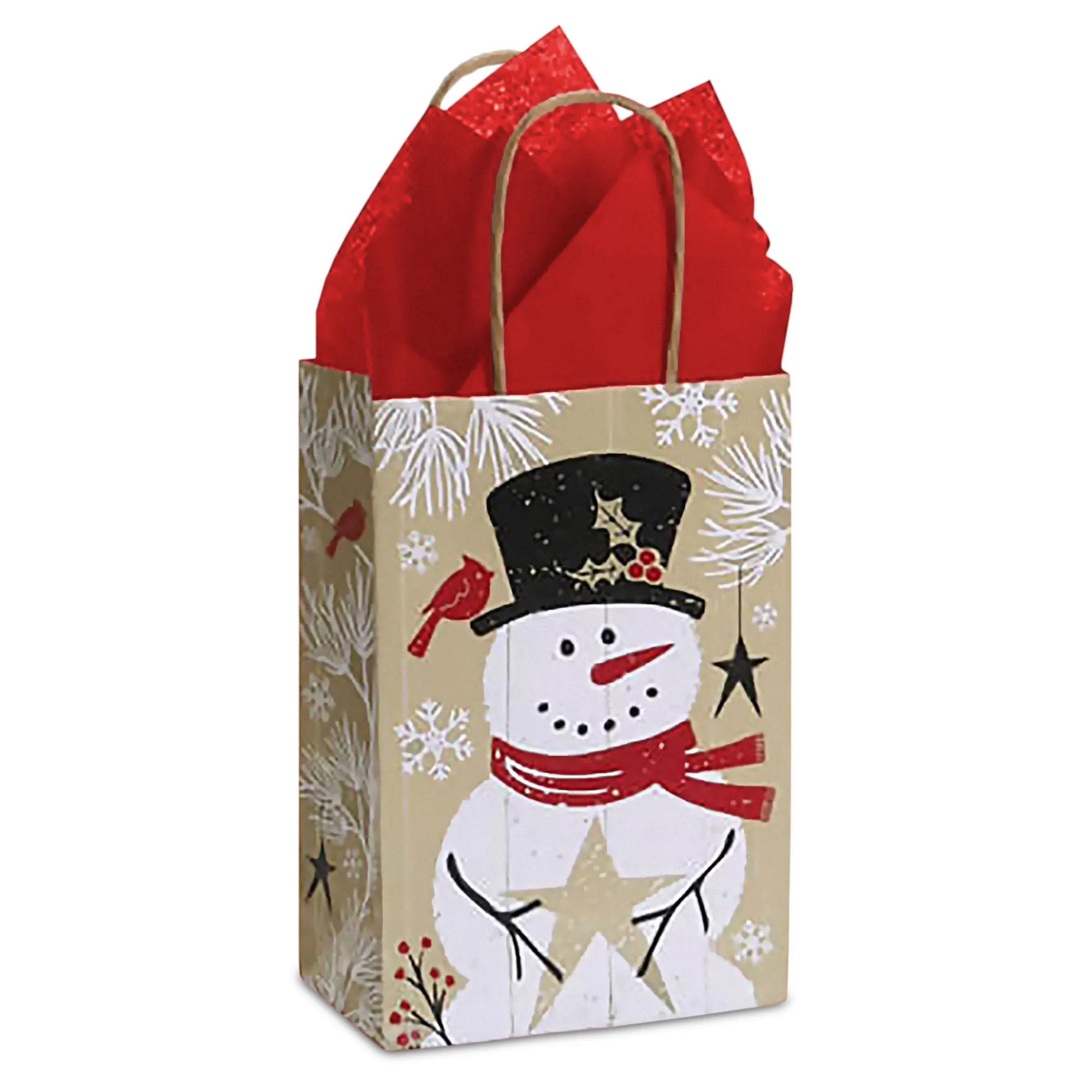 Rustic Snowman Winter Holiday Paper Gift Bags and Party Favor Bags, Small Size 5.5" x 3.25" x 8.5" (Pack of 12)