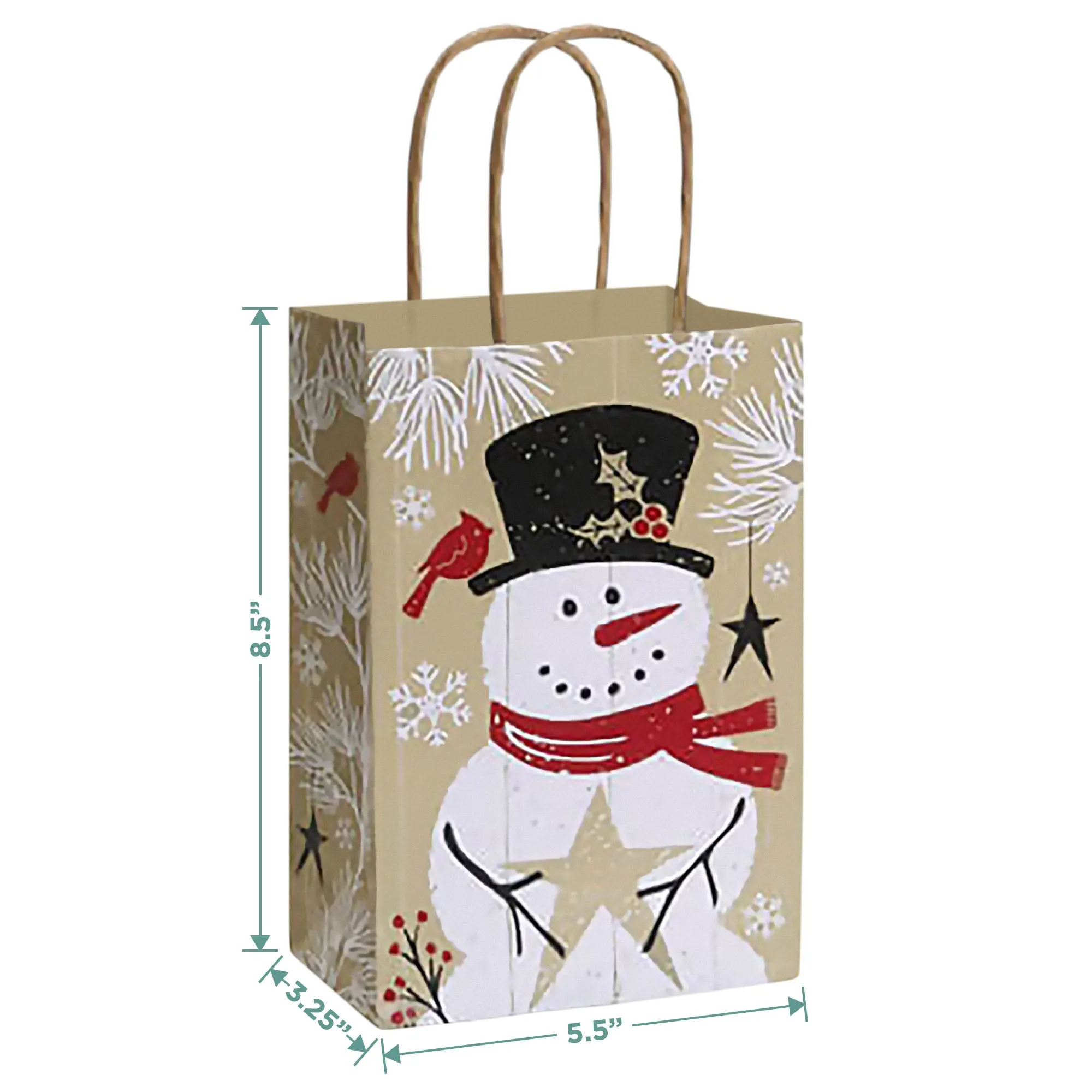 Rustic Snowman Winter Holiday Paper Gift Bags and Party Favor Bags, Small Size 5.5" x 3.25" x 8.5" (Pack of 12)