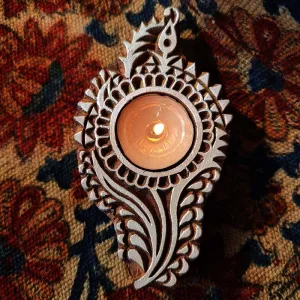 Stemmed Flower Hand Engraved Wood Tealight Candle Holder