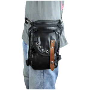 VA566 Black Carry Leather Thigh Bag with Waist Belt and concealed Gun Pocket